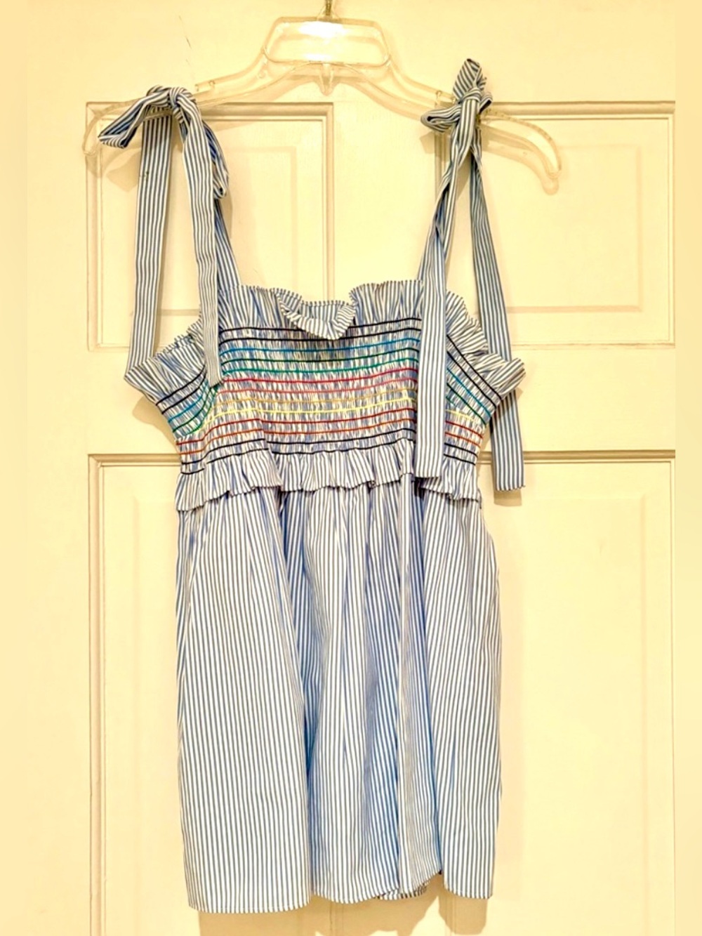 Tuckernuck Blue Striped Top with tie straps and rainbow stitching